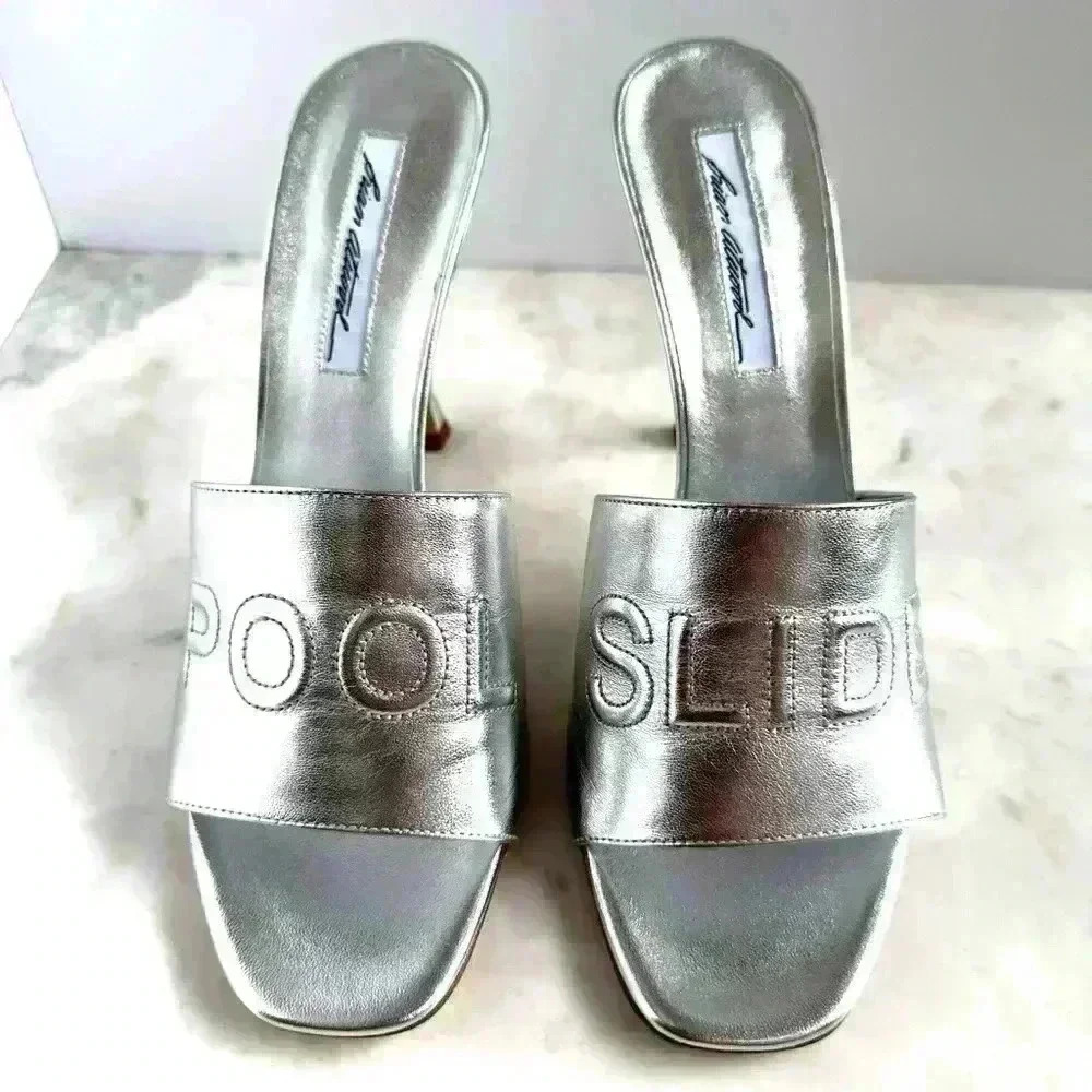 Brian Atwood  Silver Leather Pool Slides, size 41